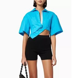 Jacquemus La Chemise Capri Cropped Asymmetric Hem Shirt Turquoise FR 34 US XS